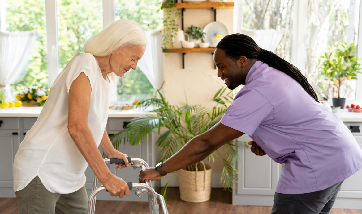 Volunteer ministering to elderly resident in a nursing home, providing spiritual encouragement and companionship through prayer and conversation