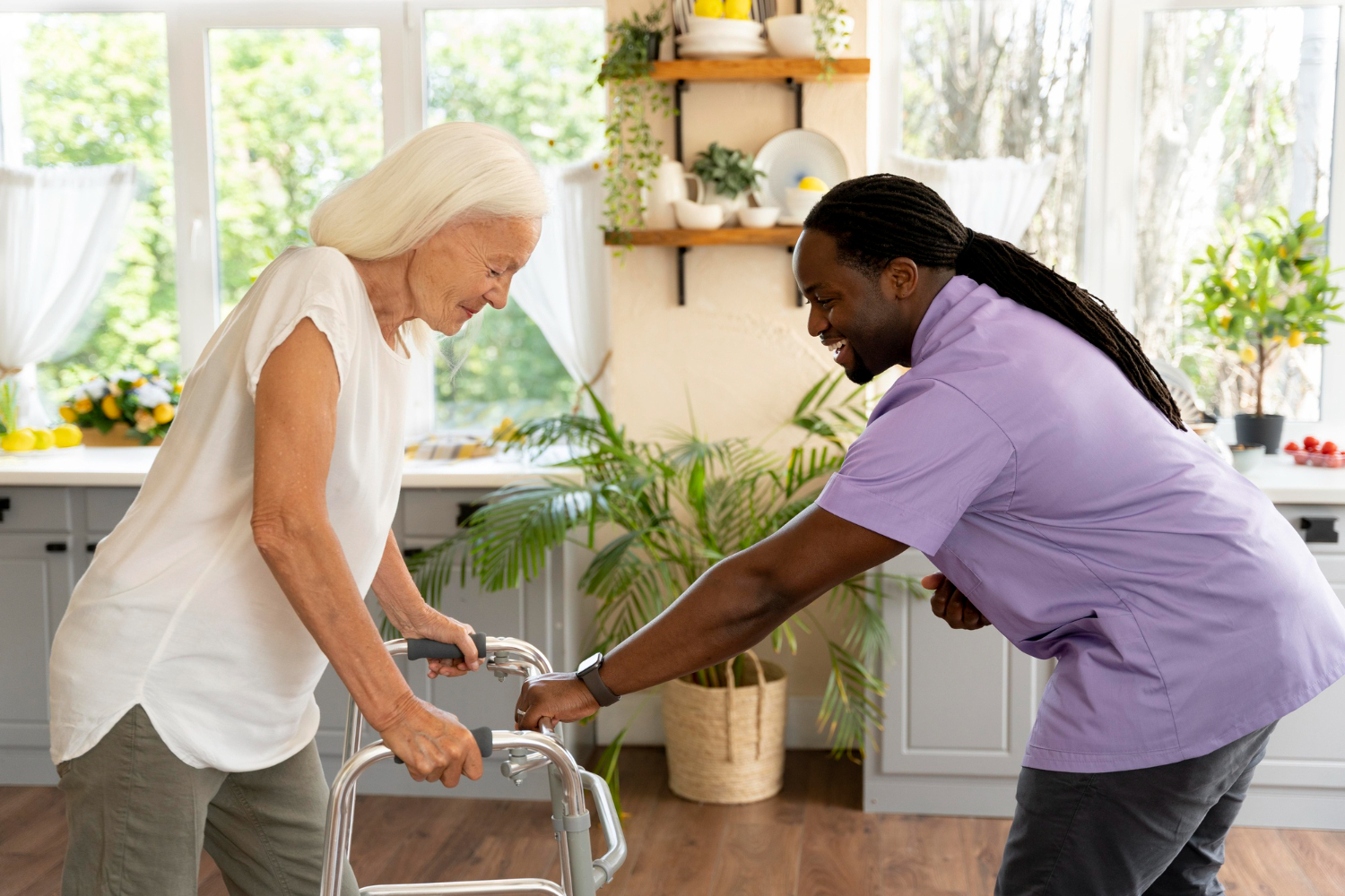 Volunteer ministering to elderly resident in a nursing home, providing spiritual encouragement and companionship through prayer and conversation