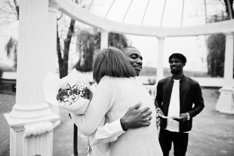 Wedding engagement ceremony with pastor Happy multiethnic couple in love story Relationships