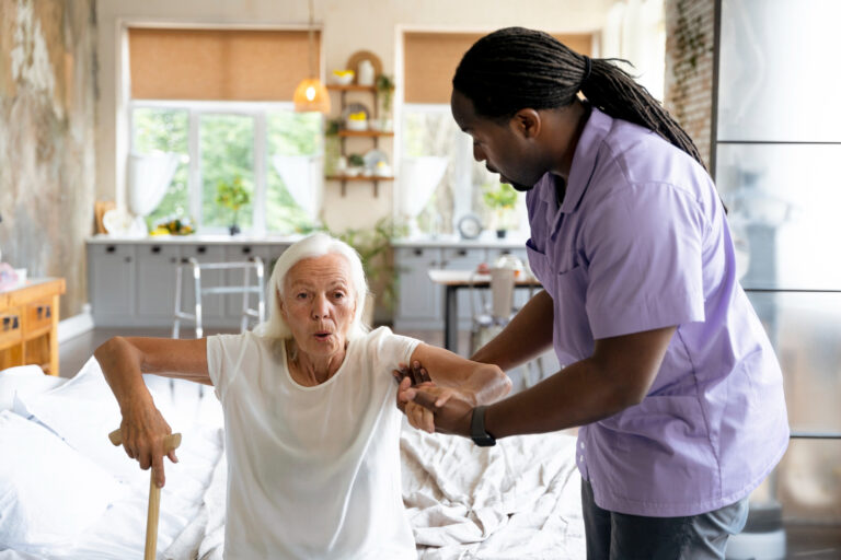 Volunteer ministering to elderly resident in a nursing home, providing spiritual encouragement and companionship through prayer and conversation