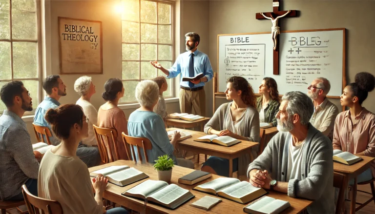 A classroom setting with a compassionate instructor teaching biblical theology to a diverse group of adults holding Bibles, fostering spiritual growth.